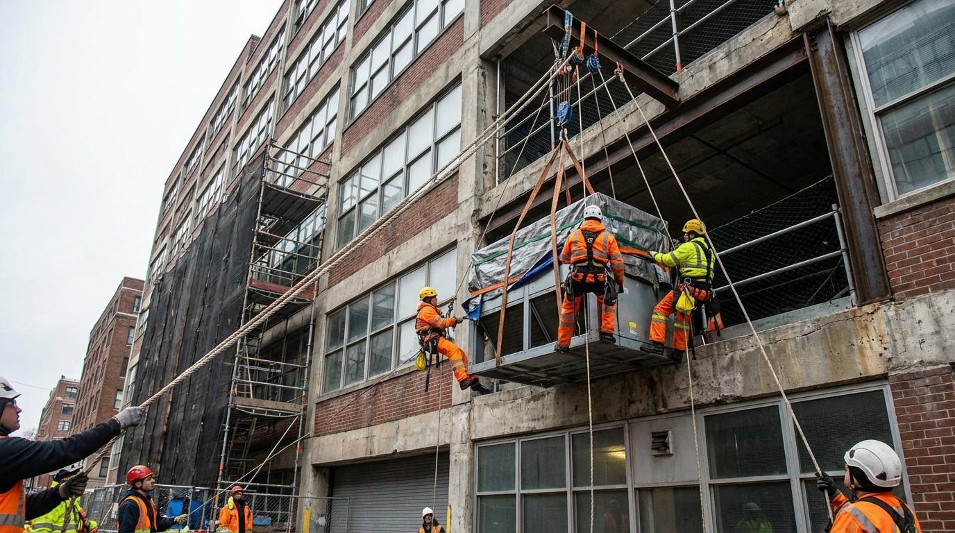 Подъём грузов на высоту промышленными альпинистами в Москве
