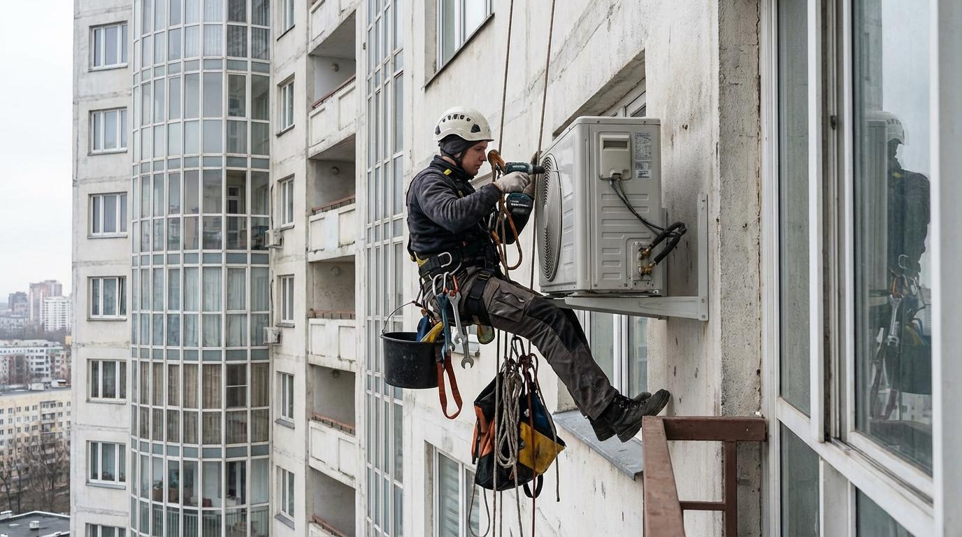 Установка кондиционера на высоте промышленными альпинистами в Москве
