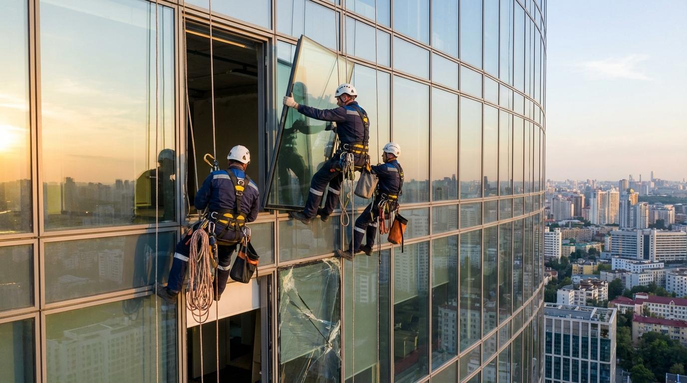 Ремонт фасадного остекления промышленными альпинистами в Москве