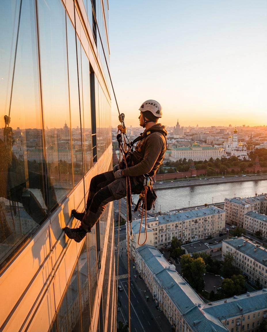 Промышленный альпинист выполняет высотные работы на фасаде здания в Москве
