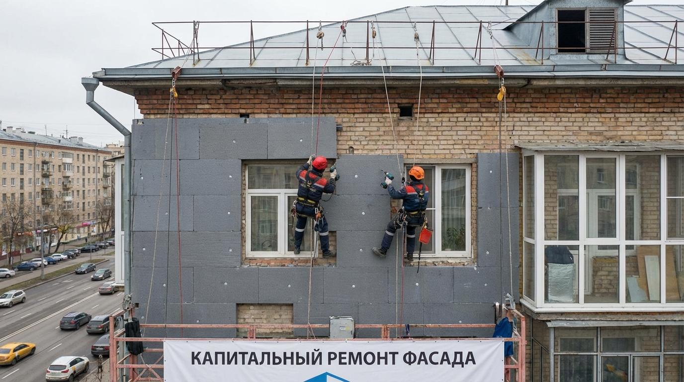 Утепление фасада снаружи промышленными альпинистами в Москве