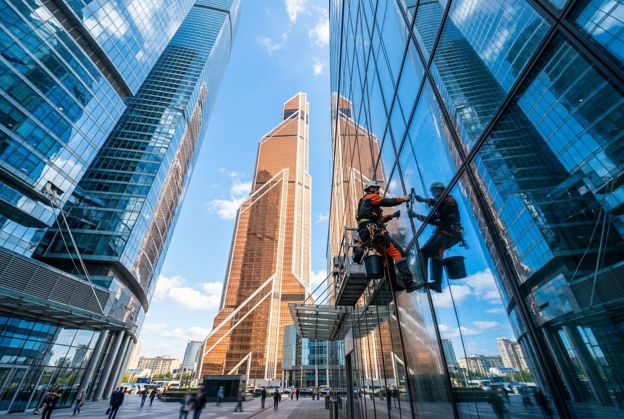 Мытьё фасадов БЦ Москва-Сити