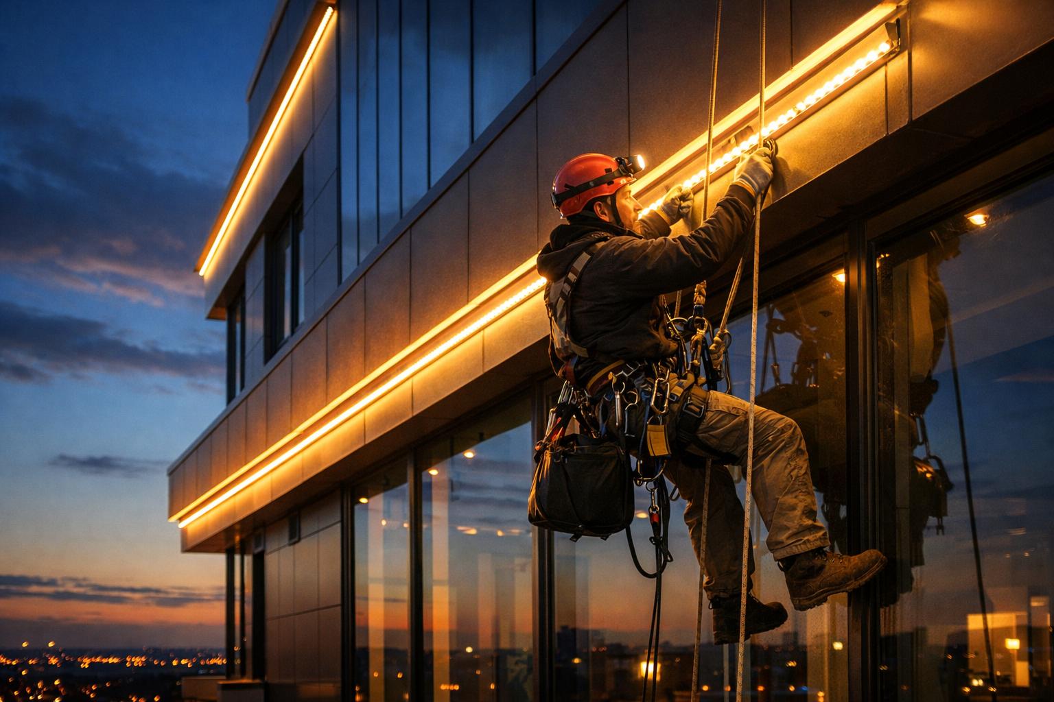 Монтаж архитектурной подсветки на высоте