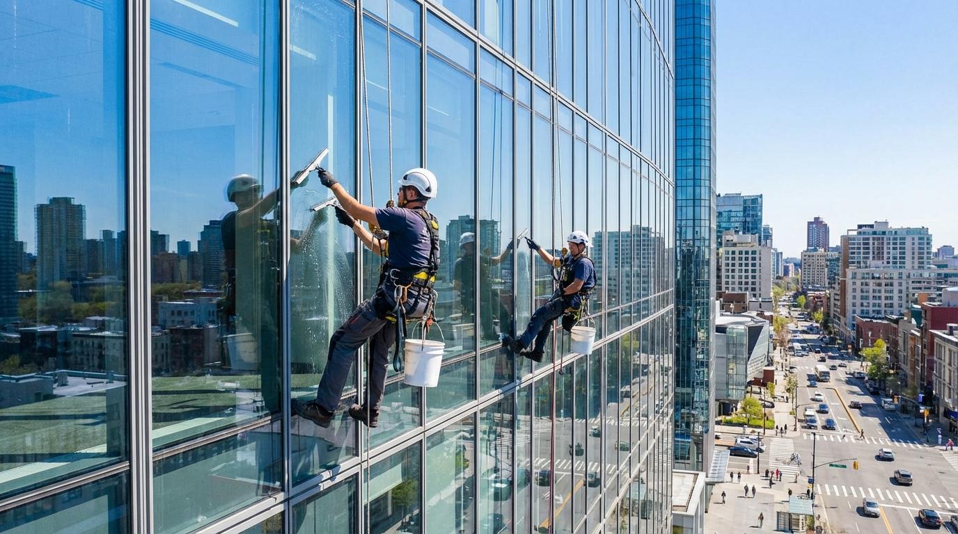 Мойка окон на высоте промышленными альпинистами в Москве